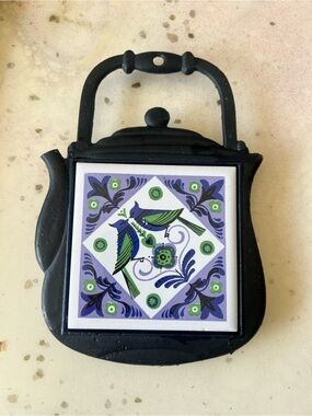 Decorative Black Cast Iron Teapot Trivet with Purple & Green Tile